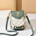 Forest green and cream mini crossbody phone bag with pearl handle and studs - Green/White