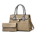 Beige crocodile texture tote and clutch bag set with snakeskin handles and gold lock - Khaki