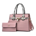 Pink croc-embossed handbag set with snake-pattern handles and gold metal clasp - Pink