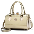 Champagne gold patent leather handbag with floral metal accents and W logo plaque - Gold