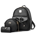 3-teiliges schwarzes Rucksack-Set aus PU-Leder mit großem Fassungsvermögen und Schleifen - Schwarz