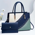 Chic tricolor patchwork handbag set with wallet featuring wavy stitching in navy and mint - Sapphire Blue