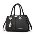 Classic black litchi texture handbag with gold hardware and floral pearl pendant - Black
