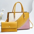 Three-color contrast stitching handbag set in yellow and beige with matching wallet - Yellow