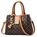 Brown monogram printed large tote handbag with caramel leather trim and bow charm - Dark Maple Leaf with Earthy Yellow