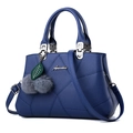 Navy blue faux leather tote bag with geometric stitching and plush charm decoration - Single Bag / Dark Blue