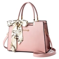 Pink lychee grain leather handbag with floral scarf and detachable strap for women - Pink (With Silk Scarf)