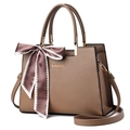 Brown leather handbag with golden hardware and decorative scarf on white background - Khaki (With Silk Scarf)