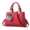 Fashionable red lychee leather handbag with embroidery and grey pompom for women - Single Bag / Burgundy