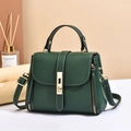 Dark green lychee leather small handbag with golden buckle and white contrast stitching - Green