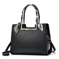 Elegant black crocodile pattern handbag for women with decorative silk scarf on handle - Black (With Silk Scarf)
