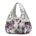Bolso de lona floral con ribetes de cuero crema y hebilla de metal plateado para mujer - Blanco / Flor Verde