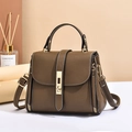 Brown leather top-handle crossbody bag with golden clasp and contrast stitching - Coffee