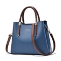 Dusty blue leather tote bag with brown handles and gold hardware for women - Dark Blue