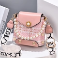 Borsa a tracolla in tweed rosa con catena di perle e tracolla graffiti donna - Rosa