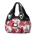 Bolso de mano para mujer en cuero suave con estampado floral rojo y asas - Negro / Flor Roja