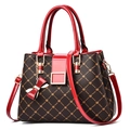 Deep brown printed tote bag with bright red handles and detachable shoulder strap - Dark Maple Leaf with Jujube Red