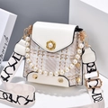 White leather crossbody bag with pearl buckle, checkered panels, and wide strap - Off-white