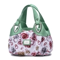 Women's handbag with rose print, pea green leather handles and silver triangle hardware - Green / Rose