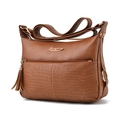 Brown faux leather shoulder bag with crocodile pattern pocket and tassel detail - Earthy Yellow