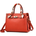 Red crocodile texture handbag with gold clasp and decorative floral scarf on handle - Red (With Red Silk Scarf)