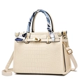 Elegant cream white faux crocodile leather handbag with silk scarf and gold hardware - Rice White (With Blue Silk Scarf)
