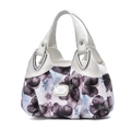Women's white soft leather handbag with purple floral print and dual handles - White / Purple Flower
