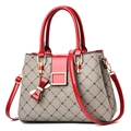 Red and grey color-block Boston handbag with floral prints and bow charm detail - Light Maple Leaf with Jujube Red