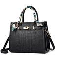 Fashionable black crocodile embossed handbag with gold hardware and a silk scarf handle - Black (With Green Silk Scarf)