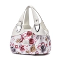 Women's white handbag with elegant rose floral print and metallic hardware accents - White / Red Rose