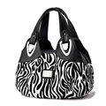 Women's handbag in black and white zebra print with leather handles and metal plate - Black / Zebra Print