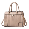 Elegant beige textured handbag for women with gold hardware and stylish wave pattern - Khaki