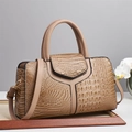 Elegant beige crocodile pattern handbag with Y-shaped stitching and gold metal hardware - Khaki