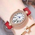 Oval rose gold women's watch with diamond-set bezel, pearl dial, and red velvet strap - Rose Gold Case White Dial Red Strap