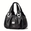 Minimalist black soft leather tote bag for women with elegant wavy pleated design - Black / Black