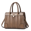 Elegant brown trapezoid handbag with wavy textured leather and golden hardware accents - Dark Khaki