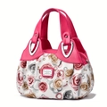 Women's handbag featuring rose floral print and magenta handles with silver metal accents - Rose Red / Rose