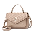 Quilted beige top handle crossbody bag with gold hardware and V-shaped flap closure - Khaki
