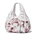 White floral tote bag with lavender flower prints and large silver triangular rings - White / Ink Flower
