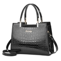 Borsa a mano classica in pelle nera goffrata coccodrillo per donna con logo dorato e tracolla - Nero