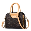 Dark brown textured leather tote bag with letter prints and orange handles - CKEH Style Beige