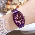 Elegant purple tonneau quartz watch with crystal-encrusted dial and link strap - Purple