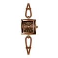 Detail of rose gold square watch featuring a brown sunburst dial and woven chain bracelet - Coffee Case Coffee Dial Coffee Strap