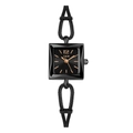 GEDI Women's black square quartz watch with a unique woven bracelet band on white background - Black Case Black Dial Black Strap