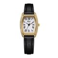 Macro detail of Gedi tonneau watch with crystal bezel and roman numeral dial - Smooth Black Strap Gold Case White Dial