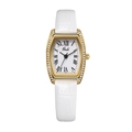 Detailed shot of the gold tonneau watch case with rhinestones and roman dial - Bamboo White Strap Gold Case White Dial