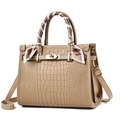 Khaki crocodile pattern PU leather handbag with decorative silk scarf and gold lock - Khaki (With Khaki Silk Scarf)