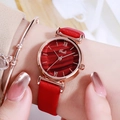 Elegant women's quartz watch with deep red ripple dial and rose gold leather strap - Peacock Red