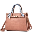 Elegant lotus pink crocodile pattern handbag with gold clasp and decorative silk scarf - Pink (With Blue Silk Scarf)