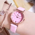 Elegant Gedi women's watch with pink marble dial and rose gold case on leather strap - Sakura Pink